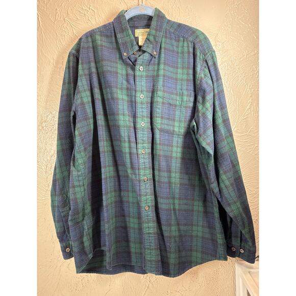 LL Bean Scotch Plaid Flannel Shirt Mens Traditional Fit Blue Green 228061 Large - Picture 1 of 5